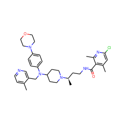 Cc1ccncc1CN(c1ccc(N2CCOCC2)cc1)C1CCN([C@H](C)CCNC(=O)c2c(C)cc(Cl)nc2C)CC1 ZINC000073199069