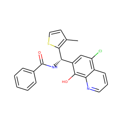 Cc1ccsc1[C@@H](NC(=O)c1ccccc1)c1cc(Cl)c2cccnc2c1O ZINC000653746729