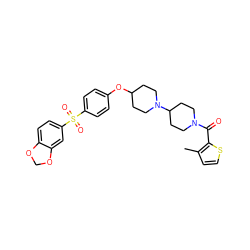 Cc1ccsc1C(=O)N1CCC(N2CCC(Oc3ccc(S(=O)(=O)c4ccc5c(c4)OCO5)cc3)CC2)CC1 ZINC000028007133