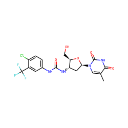 Cc1cn([C@H]2C[C@H](NC(=O)Nc3ccc(Cl)c(C(F)(F)F)c3)[C@@H](CO)O2)c(=O)[nH]c1=O ZINC000073198357