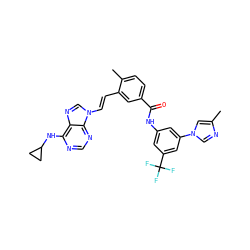 Cc1cn(-c2cc(NC(=O)c3ccc(C)c(/C=C/n4cnc5c(NC6CC6)ncnc54)c3)cc(C(F)(F)F)c2)cn1 ZINC000042919869