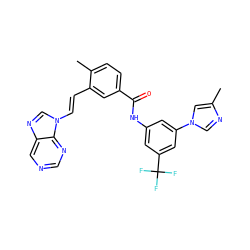 Cc1cn(-c2cc(NC(=O)c3ccc(C)c(/C=C/n4cnc5cncnc54)c3)cc(C(F)(F)F)c2)cn1 ZINC000043078716