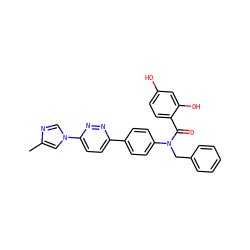 Cc1cn(-c2ccc(-c3ccc(N(Cc4ccccc4)C(=O)c4ccc(O)cc4O)cc3)nn2)cn1 ZINC000653773145