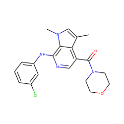 Cc1cn(C)c2c(Nc3cccc(Cl)c3)ncc(C(=O)N3CCOCC3)c12 ZINC000045245276