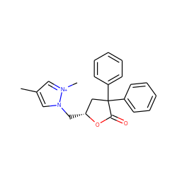 Cc1cn(C[C@@H]2CC(c3ccccc3)(c3ccccc3)C(=O)O2)[n+](C)c1 ZINC000013651178