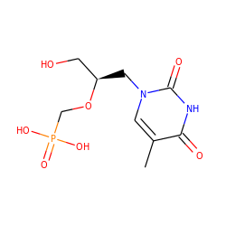 Cc1cn(C[C@H](CO)OCP(=O)(O)O)c(=O)[nH]c1=O ZINC000029126688