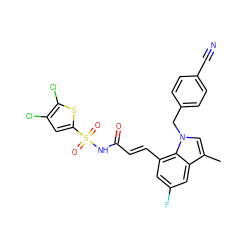 Cc1cn(Cc2ccc(C#N)cc2)c2c(/C=C/C(=O)NS(=O)(=O)c3cc(Cl)c(Cl)s3)cc(F)cc12 ZINC000049723213