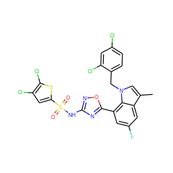 Cc1cn(Cc2ccc(Cl)cc2Cl)c2c(-c3nc(NS(=O)(=O)c4cc(Cl)c(Cl)s4)no3)cc(F)cc12 ZINC000049775481