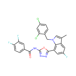 Cc1cn(Cc2ccc(Cl)cc2Cl)c2c(-c3nnc(NC(=O)c4ccc(F)c(F)c4)o3)cc(F)cc12 ZINC000043129963