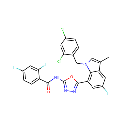 Cc1cn(Cc2ccc(Cl)cc2Cl)c2c(-c3nnc(NC(=O)c4ccc(F)cc4F)o3)cc(F)cc12 ZINC000049777375