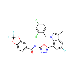 Cc1cn(Cc2ccc(Cl)cc2Cl)c2c(-c3nnc(NC(=O)c4ccc5c(c4)OC(F)(F)O5)o3)cc(F)cc12 ZINC000043129965