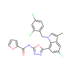 Cc1cn(Cc2ccc(Cl)cc2Cl)c2c(-c3nnc(NC(=O)c4ccco4)o3)cc(F)cc12 ZINC000049116110