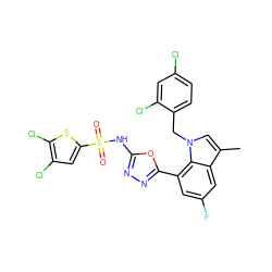 Cc1cn(Cc2ccc(Cl)cc2Cl)c2c(-c3nnc(NS(=O)(=O)c4cc(Cl)c(Cl)s4)o3)cc(F)cc12 ZINC000049774787