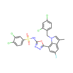 Cc1cn(Cc2ccc(Cl)cc2Cl)c2c(-c3nnc(NS(=O)(=O)c4ccc(Cl)c(Cl)c4)o3)cc(F)cc12 ZINC000049785898