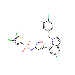 Cc1cn(Cc2ccc(F)c(F)c2)c2c(-c3cc(NS(=O)(=O)c4cc(Cl)c(Cl)s4)no3)cc(F)cc12 ZINC000049777071