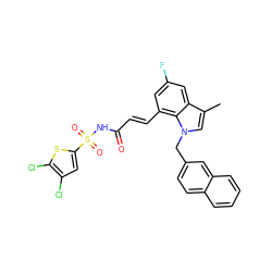 Cc1cn(Cc2ccc3ccccc3c2)c2c(/C=C/C(=O)NS(=O)(=O)c3cc(Cl)c(Cl)s3)cc(F)cc12 ZINC000049670035