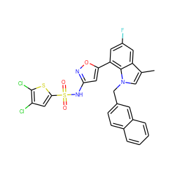 Cc1cn(Cc2ccc3ccccc3c2)c2c(-c3cc(NS(=O)(=O)c4cc(Cl)c(Cl)s4)no3)cc(F)cc12 ZINC000049775494