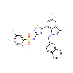 Cc1cn(Cc2ccc3ccccc3c2)c2c(-c3cc(NS(=O)(=O)c4cc(F)c(F)cc4F)no3)cc(F)cc12 ZINC000043129968