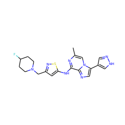 Cc1cn2c(-c3cn[nH]c3)cnc2c(Nc2cc(CN3CCC(F)CC3)ns2)n1 ZINC000066112265