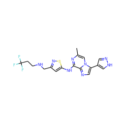 Cc1cn2c(-c3cn[nH]c3)cnc2c(Nc2cc(CNCCC(F)(F)F)ns2)n1 ZINC000066102505