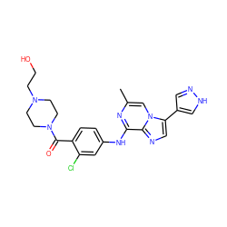 Cc1cn2c(-c3cn[nH]c3)cnc2c(Nc2ccc(C(=O)N3CCN(CCO)CC3)c(Cl)c2)n1 ZINC000072122675