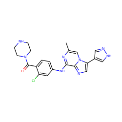 Cc1cn2c(-c3cn[nH]c3)cnc2c(Nc2ccc(C(=O)N3CCNCC3)c(Cl)c2)n1 ZINC000072124307