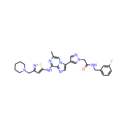 Cc1cn2c(-c3cnn(CC(=O)NCc4cccc(F)c4)c3)cnc2c(Nc2cc(CN3CCCCC3)ns2)n1 ZINC000084596677