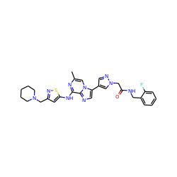 Cc1cn2c(-c3cnn(CC(=O)NCc4ccccc4F)c3)cnc2c(Nc2cc(CN3CCCCC3)ns2)n1 ZINC000084596676