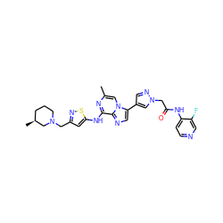 Cc1cn2c(-c3cnn(CC(=O)Nc4ccncc4F)c3)cnc2c(Nc2cc(CN3CCC[C@H](C)C3)ns2)n1 ZINC000084632856