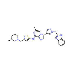 Cc1cn2c(-c3cnn(Cc4nc5ccccc5[nH]4)c3)cnc2c(Nc2cc(CN3CCC[C@H](C)C3)ns2)n1 ZINC000084632647