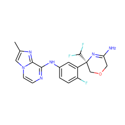 Cc1cn2ccnc(Nc3ccc(F)c([C@]4(C(F)F)COCC(N)=N4)c3)c2n1 ZINC000145466890