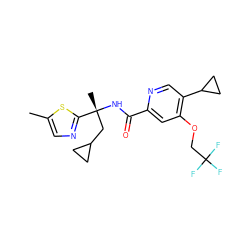 Cc1cnc([C@@](C)(CC2CC2)NC(=O)c2cc(OCC(F)(F)F)c(C3CC3)cn2)s1 ZINC000146500013