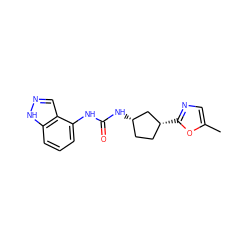 Cc1cnc([C@@H]2CC[C@H](NC(=O)Nc3cccc4[nH]ncc34)C2)o1 ZINC000204433708