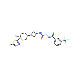 Cc1cnc([C@]2(O)CC[C@H](N3CC(NC(=O)CNC(=O)c4cccc(C(F)(F)F)c4)C3)CC2)s1 ZINC000101588058