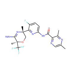 Cc1cnc(C(=O)Nc2ccc(F)c([C@]3(C)CO[C@@](C)(C(F)(F)F)C(N)=N3)n2)c(C)n1 ZINC000169700700