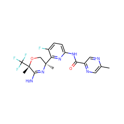 Cc1cnc(C(=O)Nc2ccc(F)c([C@]3(C)CO[C@@](C)(C(F)(F)F)C(N)=N3)n2)cn1 ZINC000167675430