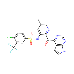 Cc1cnc(C(=O)c2ncnc3[nH]ccc23)c(NS(=O)(=O)c2ccc(Cl)c(C(F)(F)F)c2)c1 ZINC000043204193