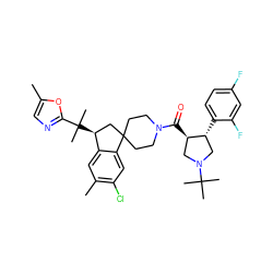 Cc1cnc(C(C)(C)[C@H]2CC3(CCN(C(=O)[C@@H]4CN(C(C)(C)C)C[C@H]4c4ccc(F)cc4F)CC3)c3cc(Cl)c(C)cc32)o1 ZINC000064513598