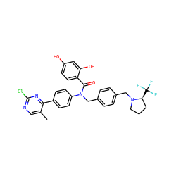 Cc1cnc(Cl)nc1-c1ccc(N(Cc2ccc(CN3CCC[C@@H]3C(F)(F)F)cc2)C(=O)c2ccc(O)cc2O)cc1 ZINC000653757312