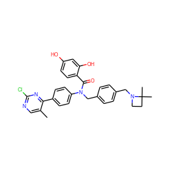 Cc1cnc(Cl)nc1-c1ccc(N(Cc2ccc(CN3CCC3(C)C)cc2)C(=O)c2ccc(O)cc2O)cc1 ZINC000653762369