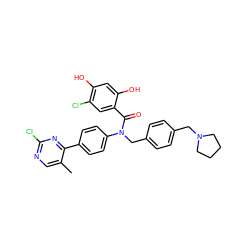 Cc1cnc(Cl)nc1-c1ccc(N(Cc2ccc(CN3CCCC3)cc2)C(=O)c2cc(Cl)c(O)cc2O)cc1 ZINC000653757363