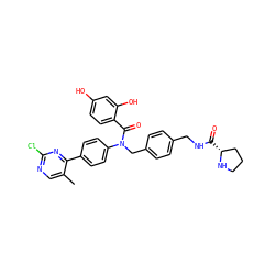 Cc1cnc(Cl)nc1-c1ccc(N(Cc2ccc(CNC(=O)[C@@H]3CCCN3)cc2)C(=O)c2ccc(O)cc2O)cc1 ZINC000653750414