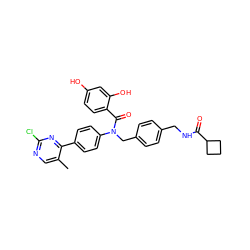 Cc1cnc(Cl)nc1-c1ccc(N(Cc2ccc(CNC(=O)C3CCC3)cc2)C(=O)c2ccc(O)cc2O)cc1 ZINC000653775399