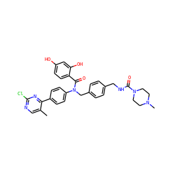 Cc1cnc(Cl)nc1-c1ccc(N(Cc2ccc(CNC(=O)N3CCN(C)CC3)cc2)C(=O)c2ccc(O)cc2O)cc1 ZINC000653775390