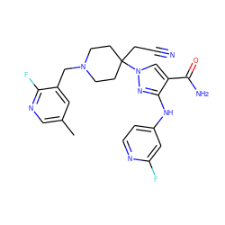 Cc1cnc(F)c(CN2CCC(CC#N)(n3cc(C(N)=O)c(Nc4ccnc(F)c4)n3)CC2)c1 ZINC000221034866