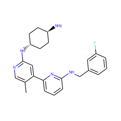 Cc1cnc(N[C@H]2CC[C@H](N)CC2)cc1-c1cccc(NCc2cccc(F)c2)n1 ZINC000261158033