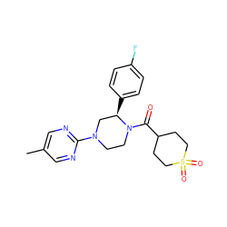 Cc1cnc(N2CCN(C(=O)C3CCS(=O)(=O)CC3)[C@H](c3ccc(F)cc3)C2)nc1 ZINC001772569721