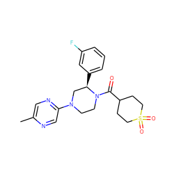 Cc1cnc(N2CCN(C(=O)C3CCS(=O)(=O)CC3)[C@H](c3cccc(F)c3)C2)cn1 ZINC001772624424