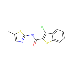 Cc1cnc(NC(=O)c2sc3ccccc3c2Cl)s1 ZINC000003404622