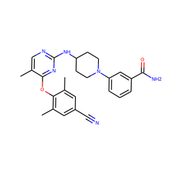 Cc1cnc(NC2CCN(c3cccc(C(N)=O)c3)CC2)nc1Oc1c(C)cc(C#N)cc1C ZINC000064527401